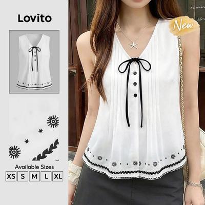 (New Arrival) Lovito Áo kiểu nữ mùa xuân/hè cổ nơ buộc trước màu trắng ngà viền tương phản TKK8P2D1031