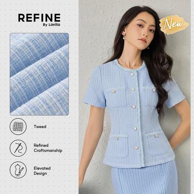 (New Arrival) (Refine by Lovito)Áo công sở Tweed viền tương phản có túi áo nữ xanh tinh tế xuân hè BLR42P1D045