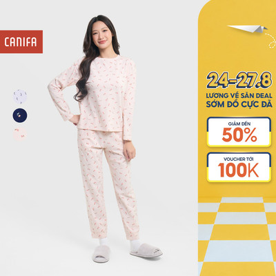 Bộ quần áo nữ CANIFA chất liệu mềm mại áo dài tay quần dài in họa tiết 6LS25W004