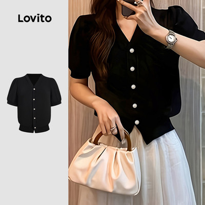 Áo thun nữ Lovito đen xuân hè nút phong cách thường ngày LK5ED956