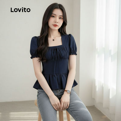 Lovito Phong cách thường ngày Áo Blouse Nữ Tay Dài Dây Rút Ren Đuôi Xanh Navy Mùa Xuân Hè L172ED120