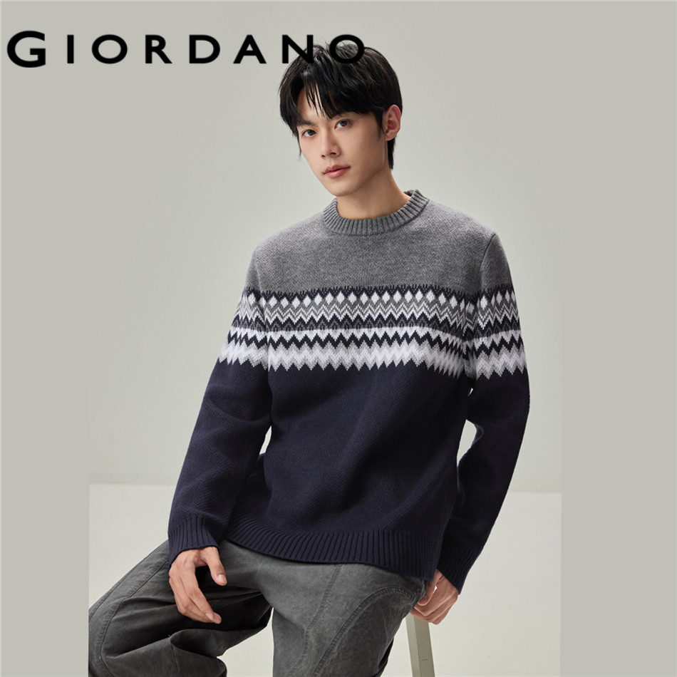 GIORDANO MEN Geometric jacquard crewneck sweater 13056708