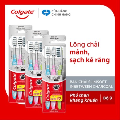 Bộ 9 Bàn chải Colgate Slimsoft Between Charcoal lông chải mềm mảnh xen sợi phủ than hoạt tính
