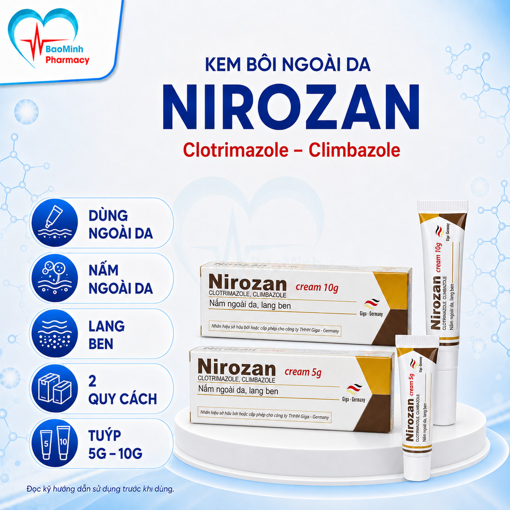 (Hàng Việt Nam) Nirozan cream, Nirozan cool, bôi nấm ngoài da, lang ben tuýp 5g,10g Giga Germany