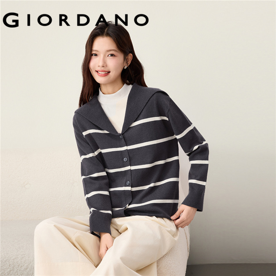 GIORDANO WOMEN Sailor collar striped relaxed cardigan 13356653