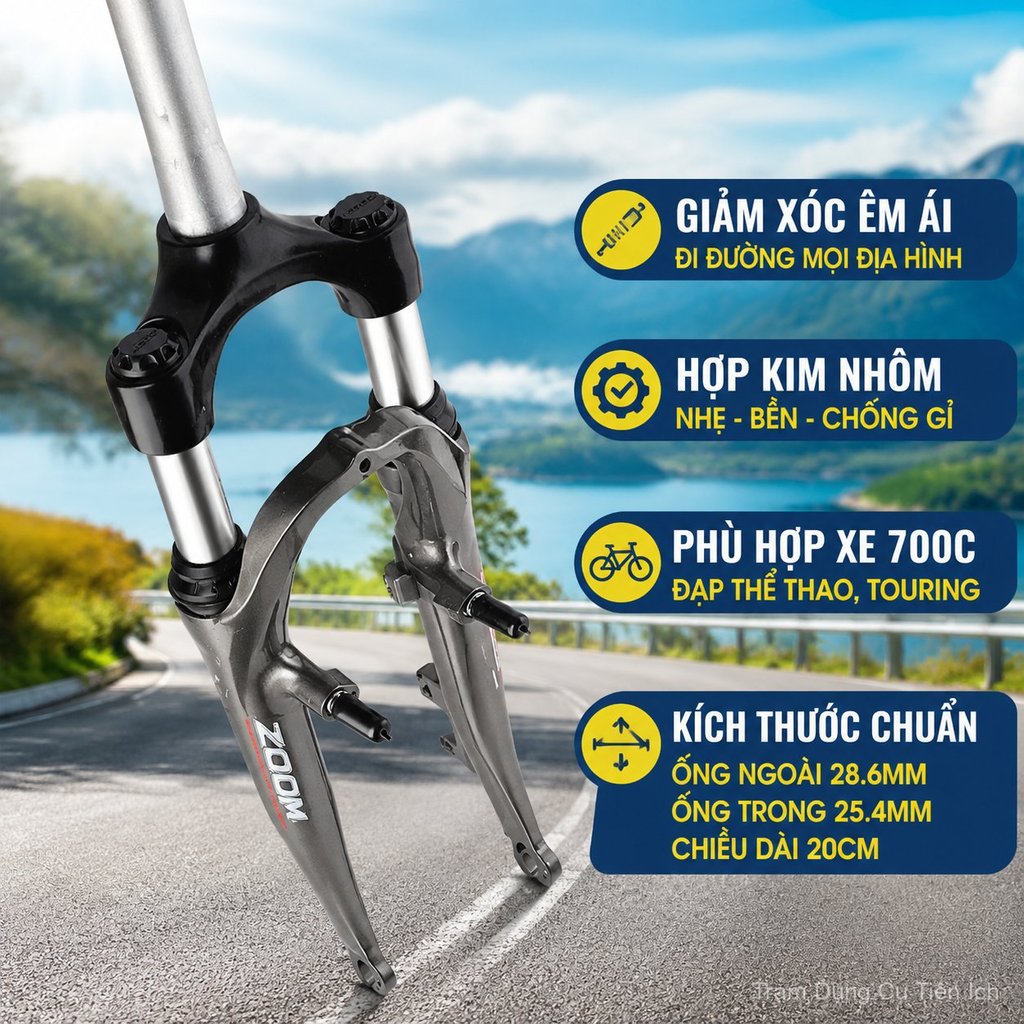 Phuộc trước xe đạp 700c nhôm, ống 28.6/25.4, giảm xóc, bền