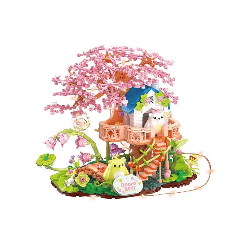 Gạch Jing ZHEGAO 612036 Sprout Bear Tree House Building Block Toy Đồ chơi trẻ em DIY Sakura Flower B