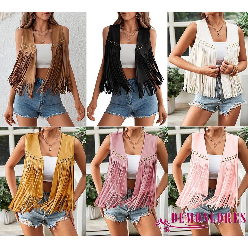 Demonlores-Fringe Rivet Áo Vest Không Tay Nữ Da Lộn Phương Tây Cao Bồi Phong Cách Tua Rua Áo Khoác N