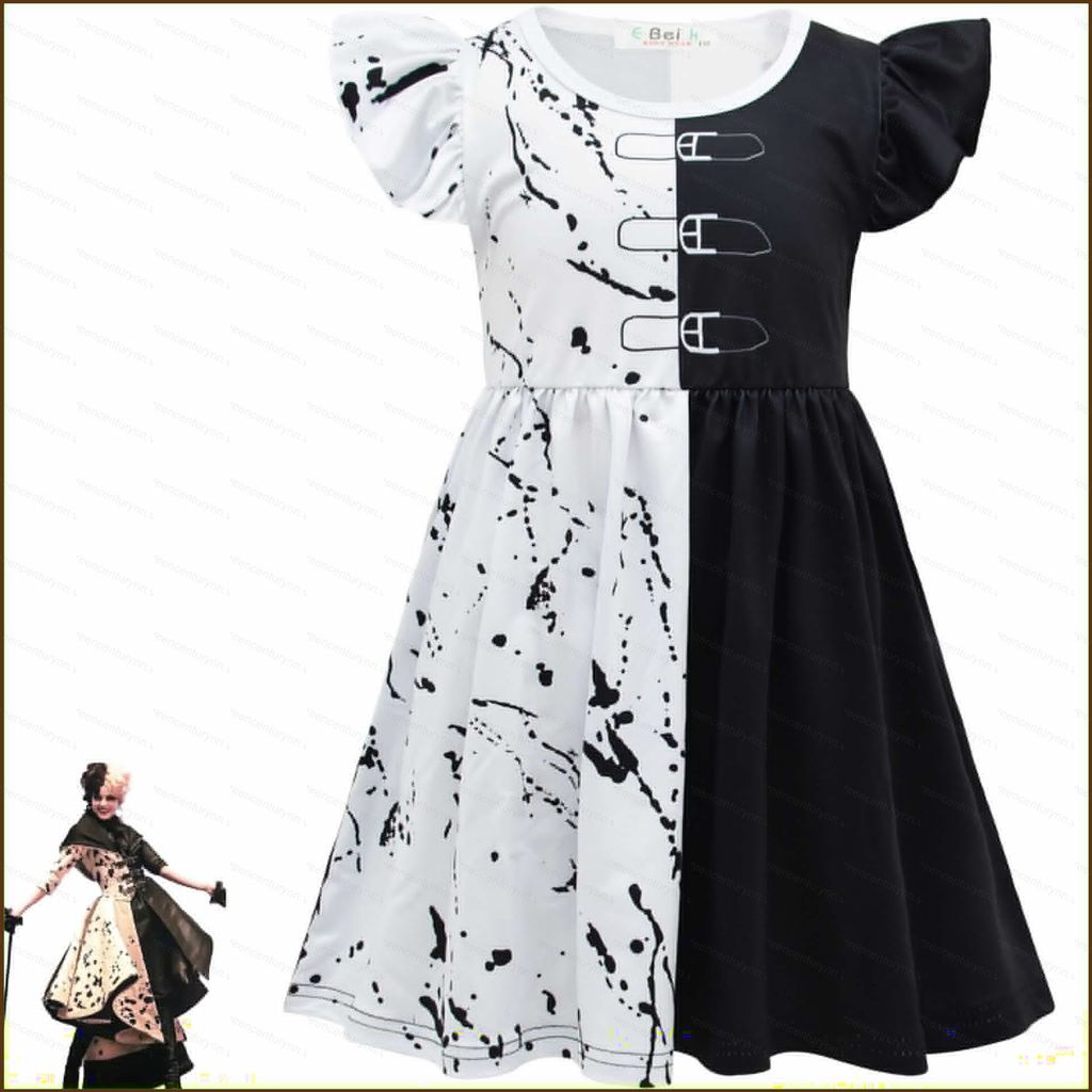 Phim Cruella de Vil Trang Phục Hóa Trang Cho Trẻ Em Trẻ Em Cruella Cổ Tròn Đầm Halloween Ngụy Trang 