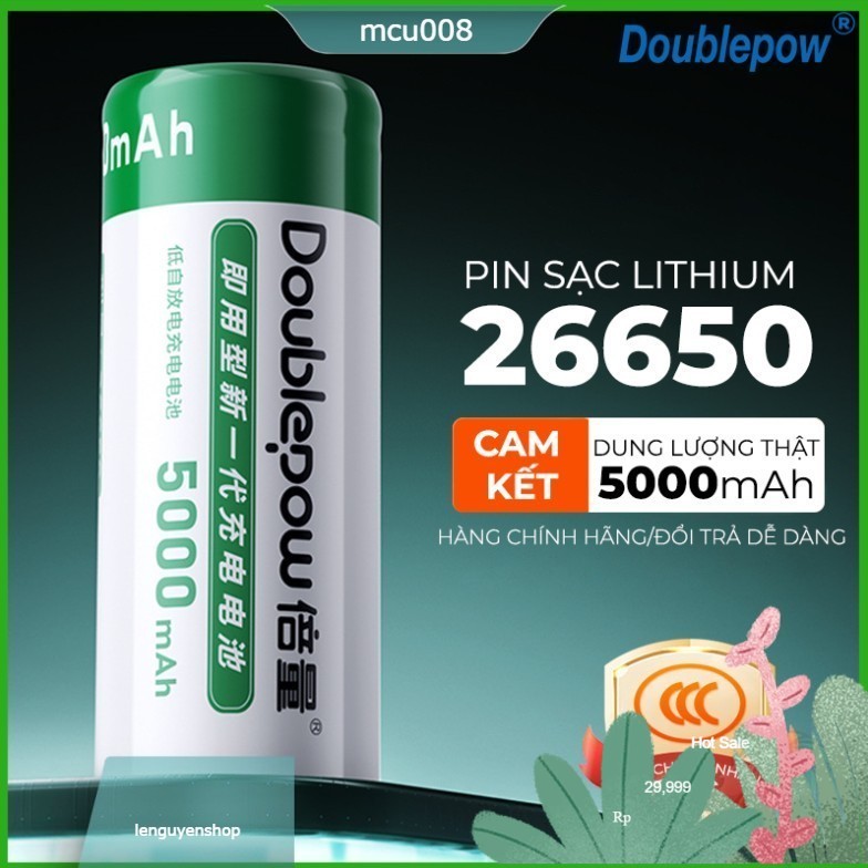 Pin Sạc 26650 Doublepow dung lượng thực 5000mAh, pin Lithium dùng thay thế chế pin 2s, 3s, 4s, đèn p