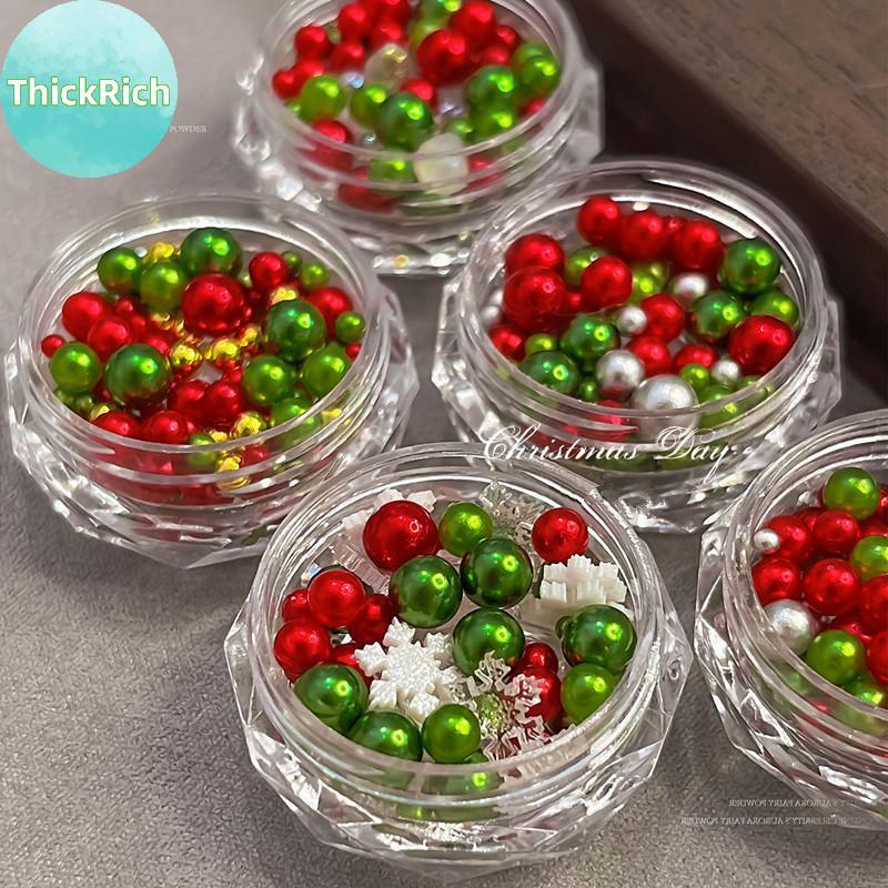 ThickRich 1 Hộp Giáng Sinh Đỏ / Xanh Ngọc Trai Bông Tuyết Móng Tay Kim Cương Giả Kích Thước Hỗn Hợp 
