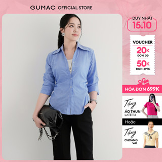 Áo sơ mi nữ tay lửng có nhún chiết ly eo xanh sọc vải kate đứng form thời trang GUMAC AF01024