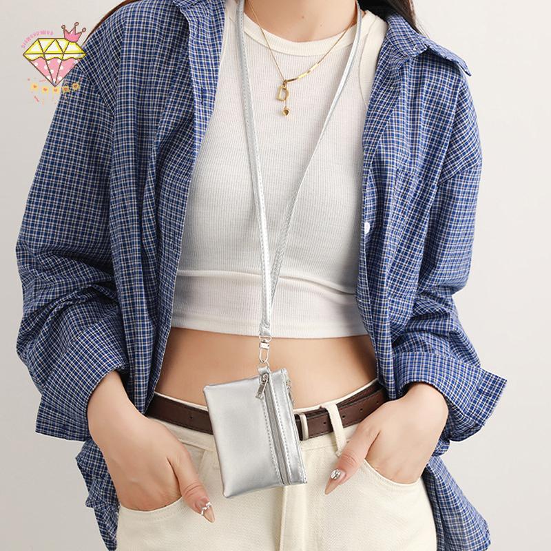 [DIAMONDWIND] Dây kéo đôi màu trơn PU mềm treo cổ Ví đựng tiền xu cho nữ Túi mềm thay đổi nhỏ Hộp đự