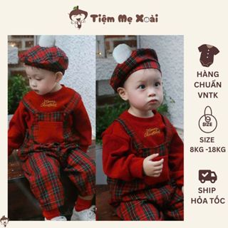  Set noel yếm caro đỏ kèm áo nỉ mũ cho bé trai 