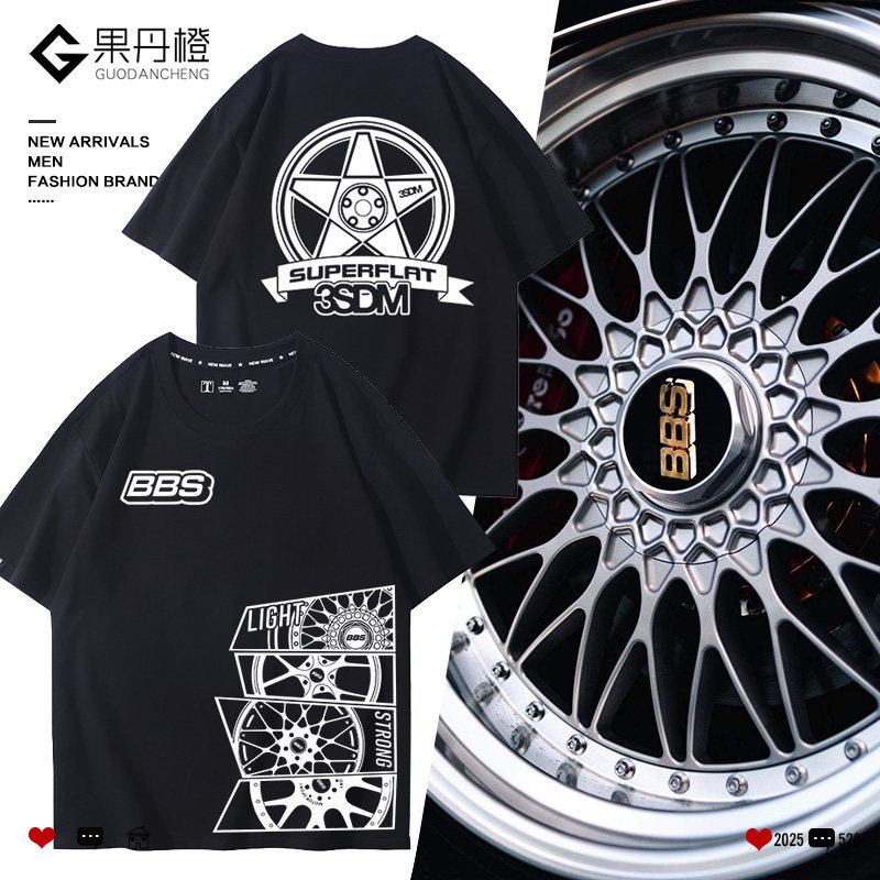 Bánh xe đua phong cách xe BBS sửa đổi 200GSM unisex ngoại cỡ 100% Cotton cao cấp tay ngắn JDM WHEELS