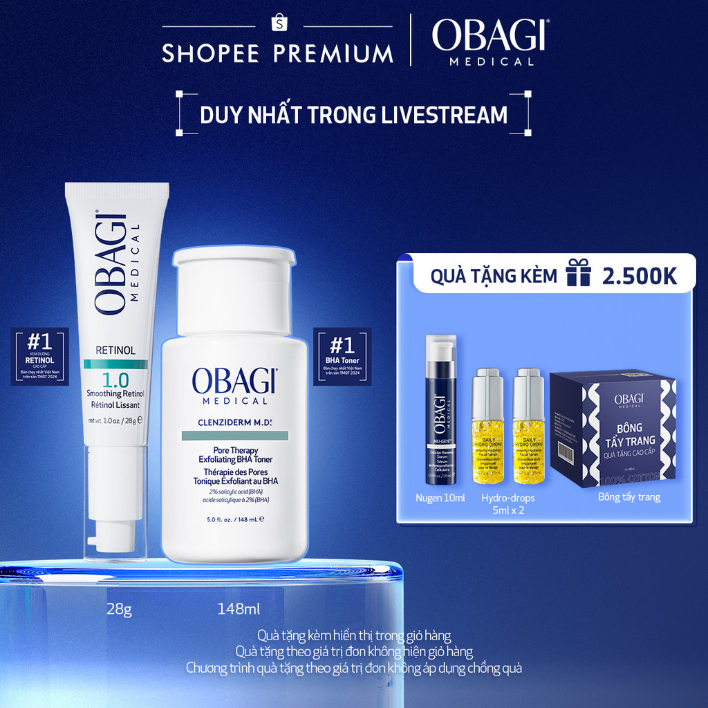 [Obagi x KOL] Bộ đôi dưỡng da Toner BHA Giảm Mụn Obagi Clenziderm 148ml và Kem Dưỡng Đêm Obagi Retin