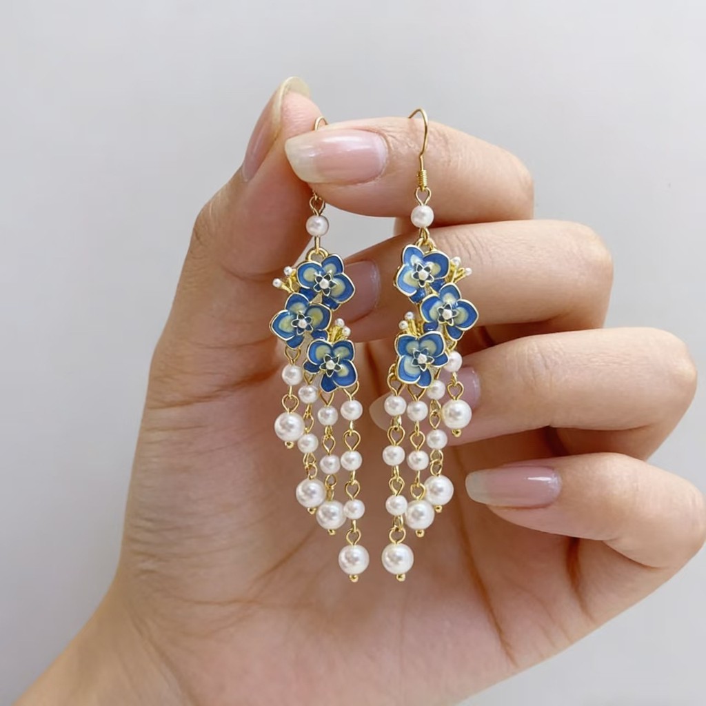Preferred#New Chinese Style Cloisonné Flower Earrings Long pearl tassel earrings Hanfu Qipao Ancient