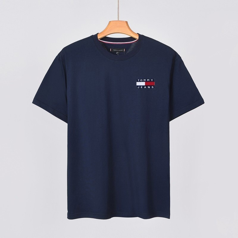 Tommy Tommy Nam Tay Ngắn Nguyên Chất Cotton Cổ Tròn Slim-Fit Màu Trơn Đáy Áo Sơ Mi Nhãn Lớn In Hình 