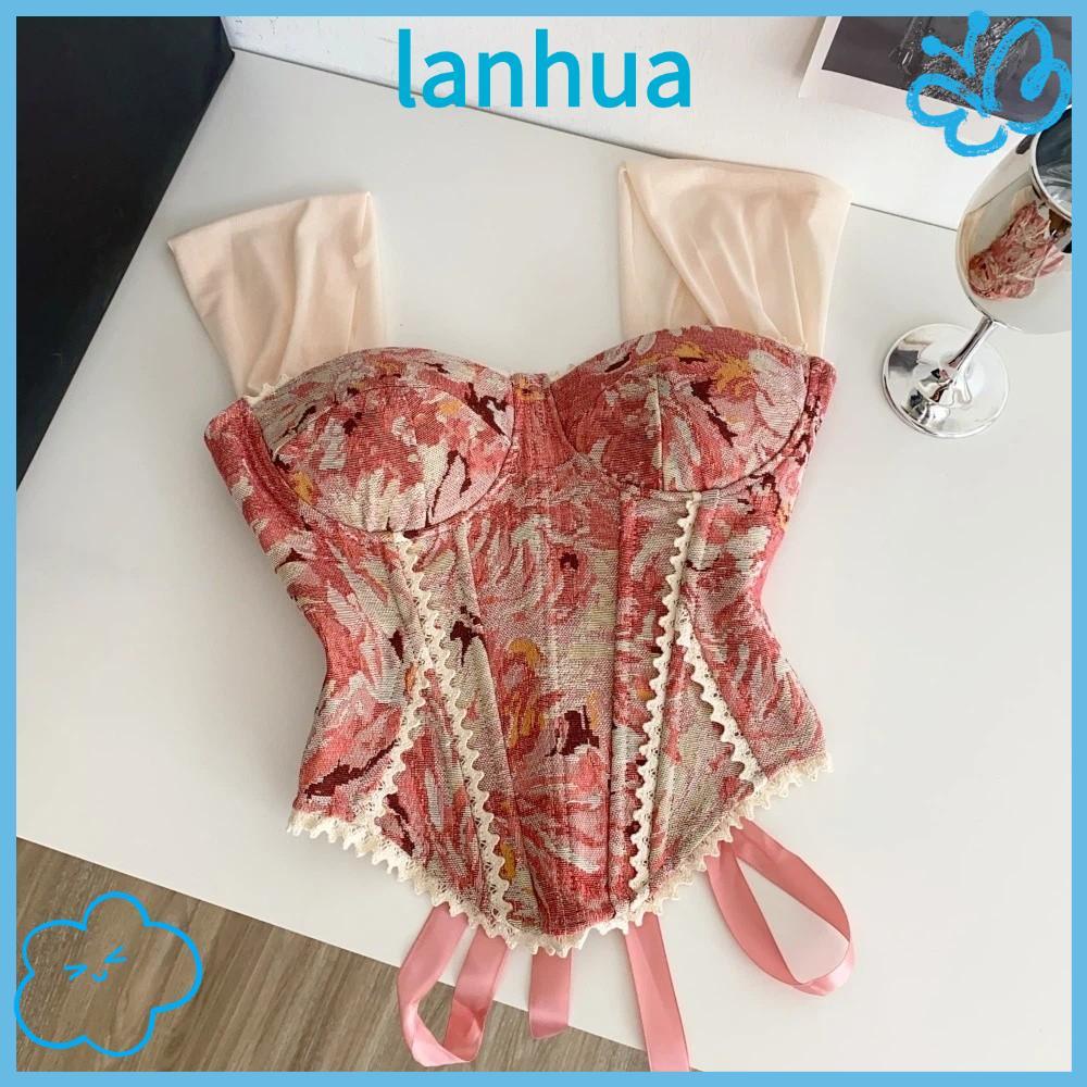 LANHUA Retro Corset Top, Vải Jacquard Gợi Cảm Xương Cá Corset, Vintage Ren Nhiều Màu Sắc In Hoa Jacq
