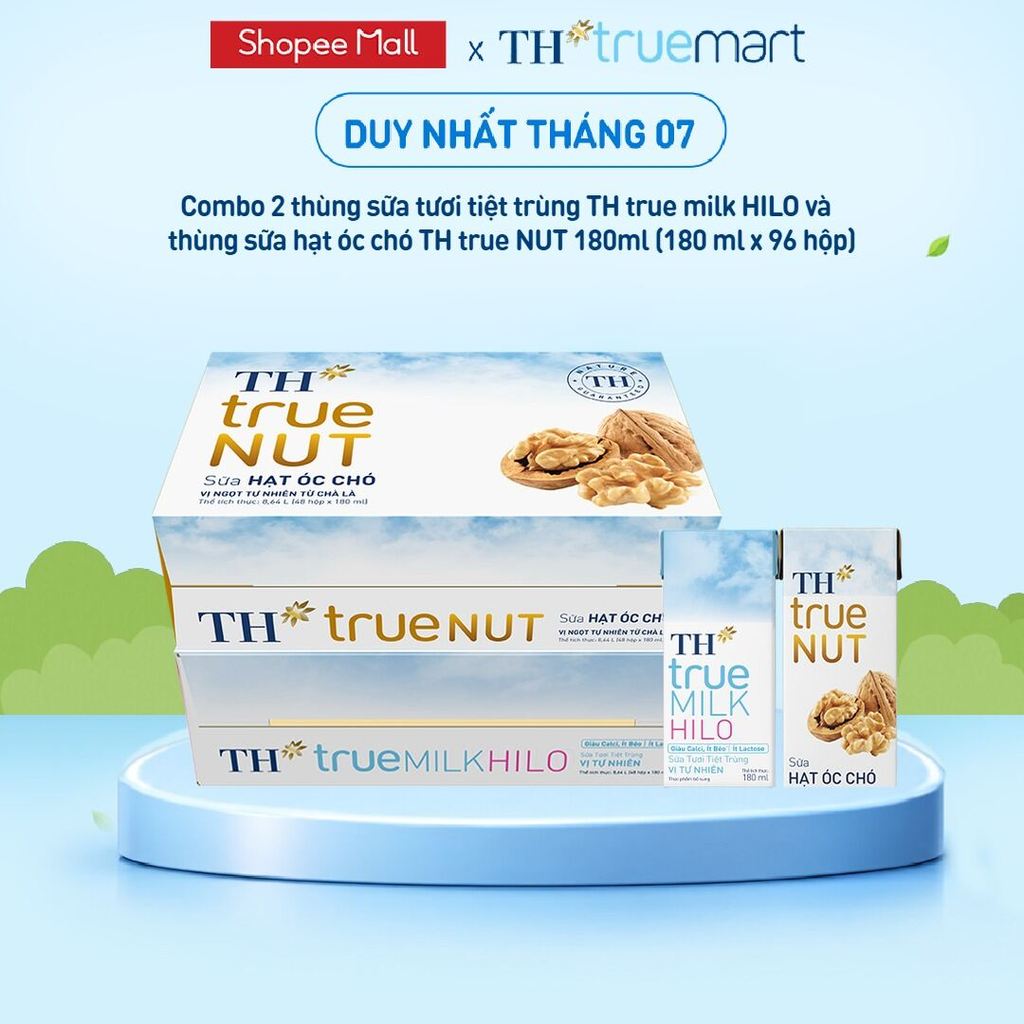 Combo 1 Thùng sữa tươi tiệt trùng TH true Milk HILO và 1 Thùng sữa hạt óc chó TH true Nut 180ml x 96