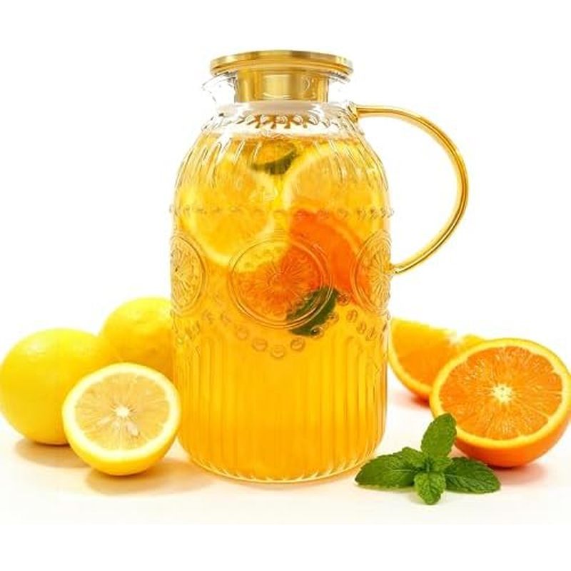 Amzcku Glass Pitcher with Lid, 101 oz/ 3 Liter Vintage Water Pitcher,Water Carafe for Cold Brew, Cof