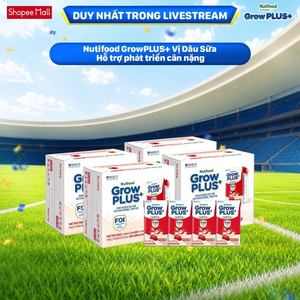 [Livestream Hannah Olala] Combo 4 Thùng 24 hộp Sữa bột pha sẵn Nutifood GrowPLUS+ Vị Dâu Sữa hộp 110