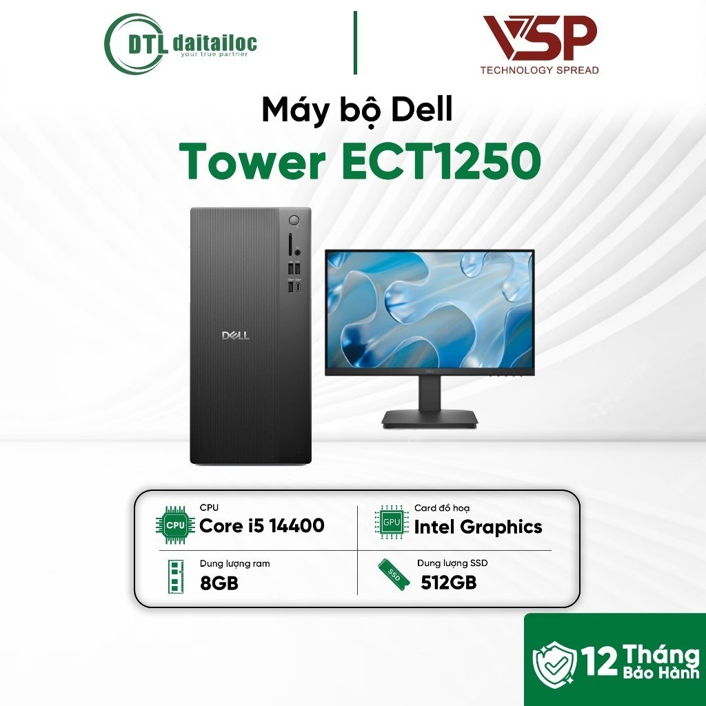 Máy bộ Dell Tower ECT1250 TFPC81 i5-14400 8G 512Gb NVMe SSD Win 11 01 Year ĐEN | Chính hãng | Bảo hà