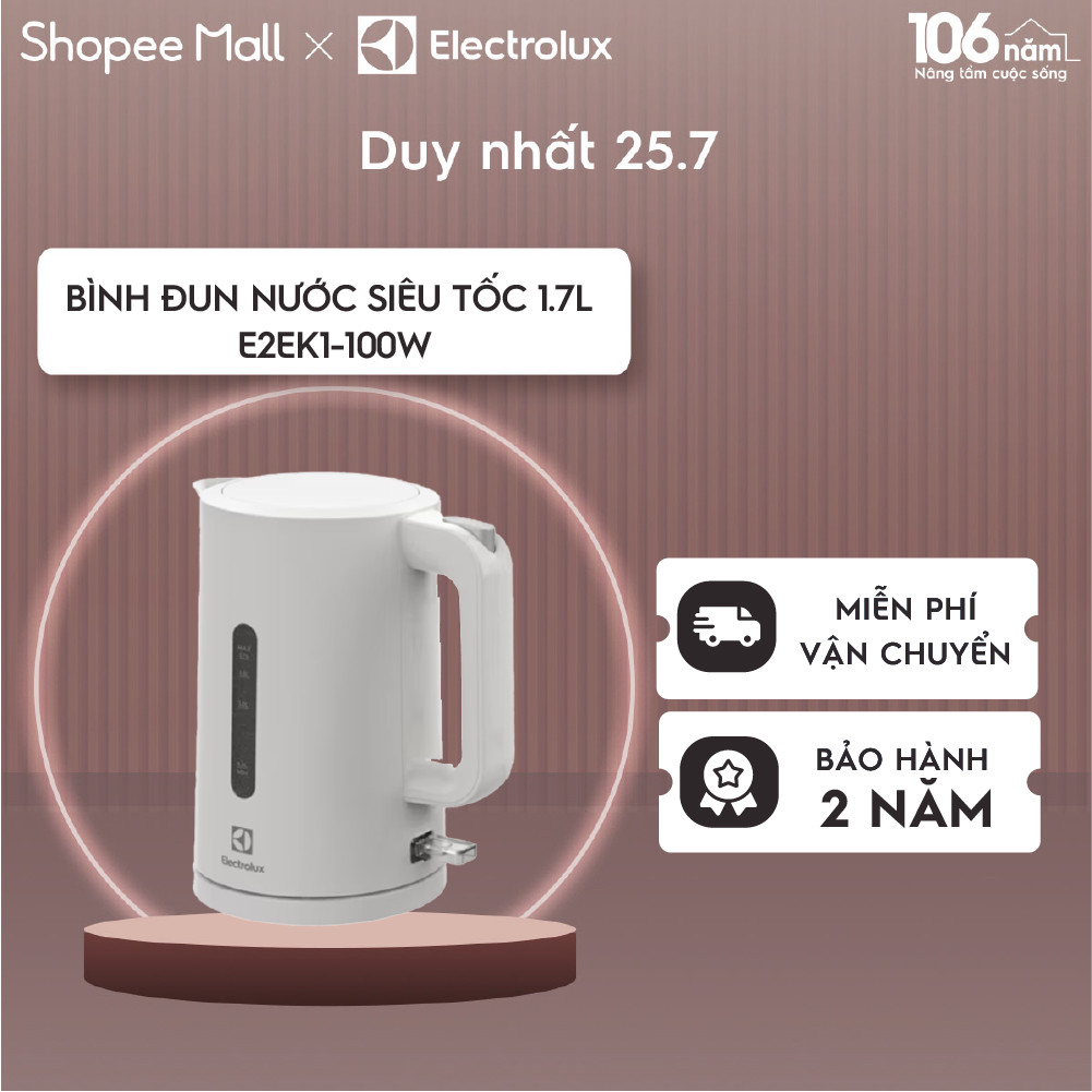 Bình đun siêu tốc 1.7L Electrolux E2EK1-100W - nhựa cao cấp, an toàn, BH 24 tháng