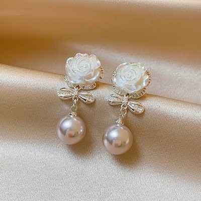 Bông tai thả ngọc trai màu trắng cho nữ nhẹ sang trọng cao cấp / Trang sức Dangle thanh lịch Tính khí tinh tế Phụ kiện PD2595