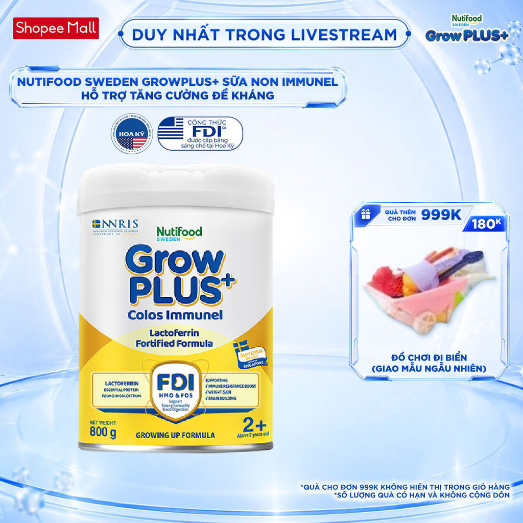 Sữa Bột Nutifood Sweden GrowPLUS+ Sữa Non Immunel trên 2 tuổi lon 800 g (Bao bì tuỳ lô hàng)