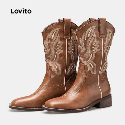 (Trendy) Lovito Giày Bốt Cao Bồi Miền Tây Đơn Giản Thoải Mái Thêu Họa Tiết Lễ Hội Âm Nhạc Kiểu Hiệp Sĩ Ống Giữa Thời Trang Hàn Quốc Dành Cho Nữ LFA79038