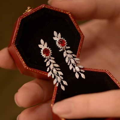Pinkdudu Vintage Đá Quý Đỏ Tua Rua Lúa Mì Dài Thả Bông Tai Nữ Lấp Lánh Viền Dangles Với Bông Tai Độc Đáo Bài PD2627