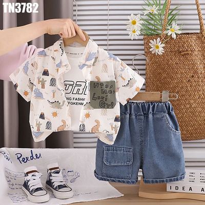 Bộ 3 Món Bé Trai Mùa Hè Áo Sơ Mi Họa Tiết Áo Ba Lỗ In Chữ Quần Short Jean MINTSCLOSET TN3782