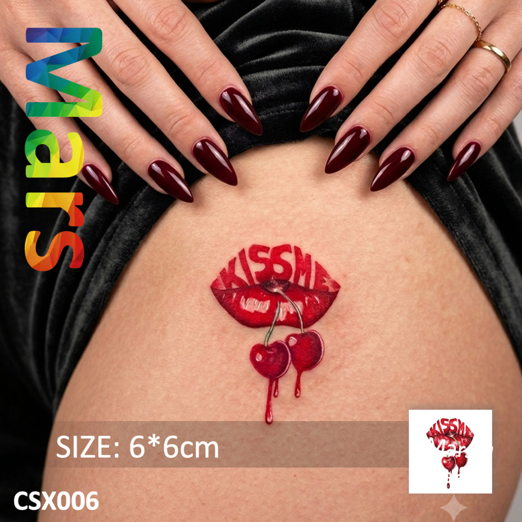 [Hình xăm sao Hỏa] "Kiss Me Cherry" Đôi môi gợi cảm Tán tỉnh Y2K Body Art Hình xăm tạm thời, Hình xă
