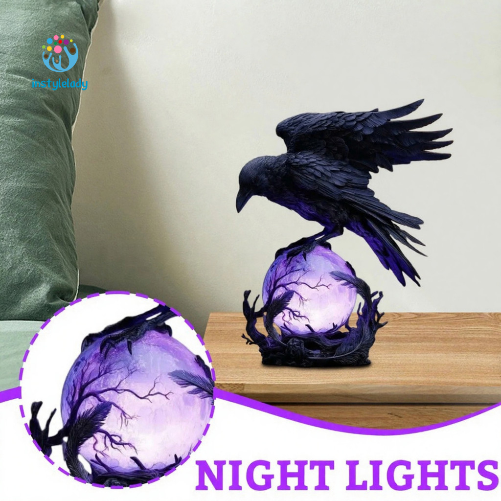 Instylelady Vẽ Tay Raven Trang Trí Đèn Bàn Raven Đèn Led Raven Với Quả Cầu Phát Sáng Tím – Điêu Khắc