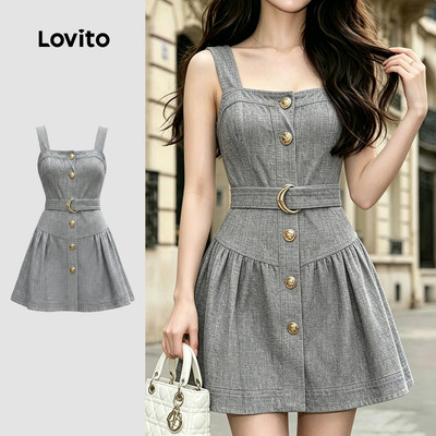 (New Arrival) Lovito Đầm thanh lịch nút bèo viền thắt lưng mùa xuân/hè màu xám cho nữ LK7ED1093