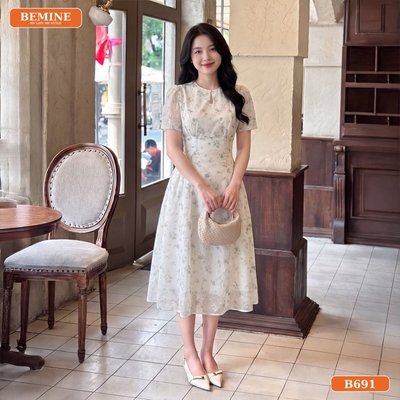 Đầm thiết kế BEMINE cổ tròn xẻ giọt nước họa tiết in hoa dáng chữ A phù hợp đi chơi-B691