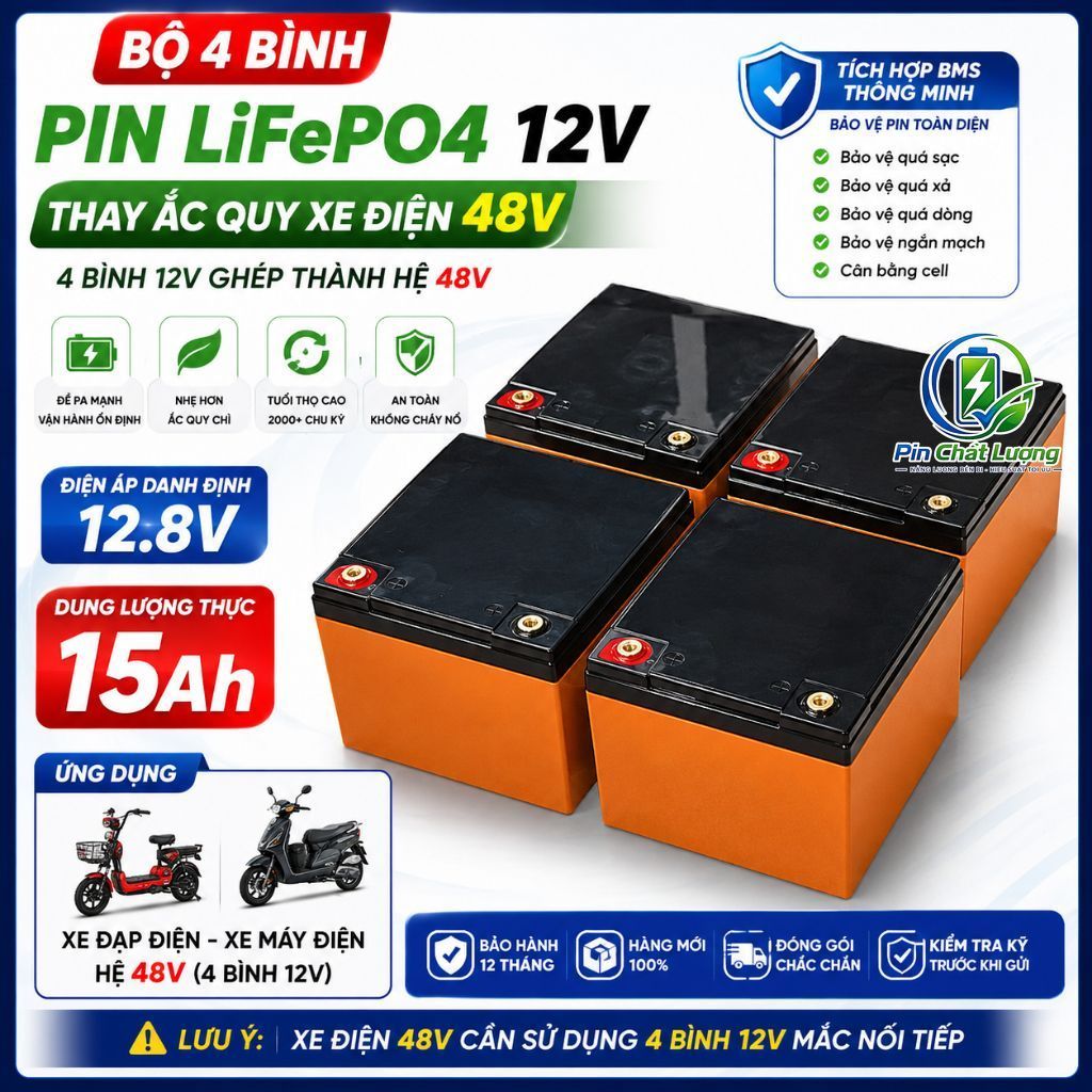 Bộ 4 Bình Pin 12V 15Ah LiFePO4 Thay Ắc Quy Xe Đạp Điện 48V, Xe Máy Điện, Có BMS Bảo Vệ, Đề Pa Mạnh