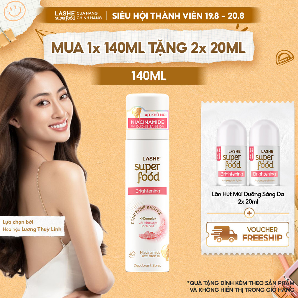 Xịt Khử Mùi LASHE SUPERFOOD Dưỡng Sáng Da 140ML Tặng 2 Lăn Hút Mùi 20MLx2/ 40ML