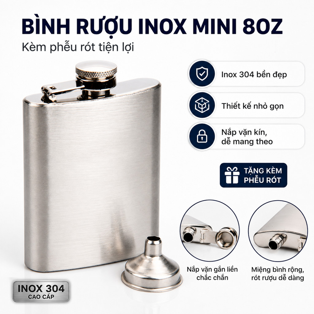 Bình Rượu Inox Mini 8oz Thép Không Gỉ 304, Hip Flask Hình Chữ Nhật Kèm Phễu Rót