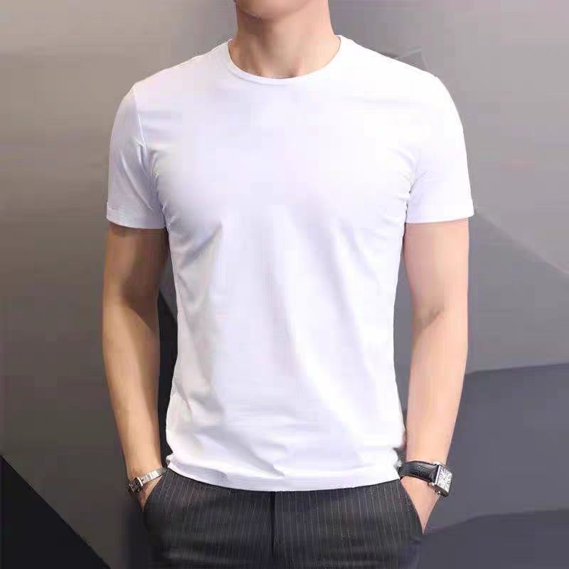 Áo thun trắng nam màu trơn ngắn tay Cotton nguyên chất cổ tròn nửa tay Slim-Fit Áo thun trắng nguyên