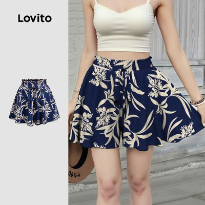 Quần short Lovito Kỳ nghỉ phong cách buộc trước mùa xuân/hè màu xanh dương đậm cho nữ L150ED401