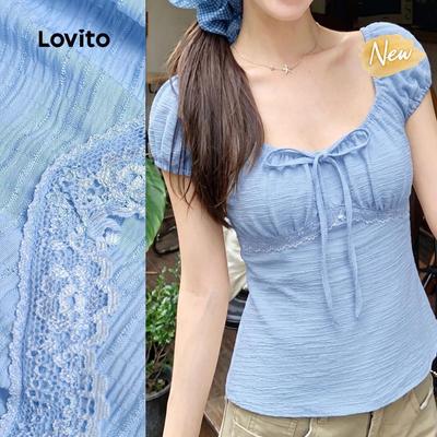 (New Arrival) Lovito Áo sơ mi nữ màu xanh dương dáng rộng đơn giản buộc dây trước phong cách thường ngày cho mùa xuân/hè L200AD093