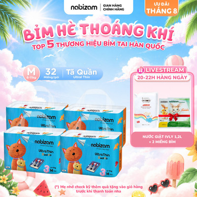 Combo 4 Tã/Bỉm Quần Nabizam UltraThin Nội Địa Hàn Cao Cấp Mỏng Vượt Trội, Thấm Hút, Chống Tràn M/6-11kg/32 Miếng/Bịch