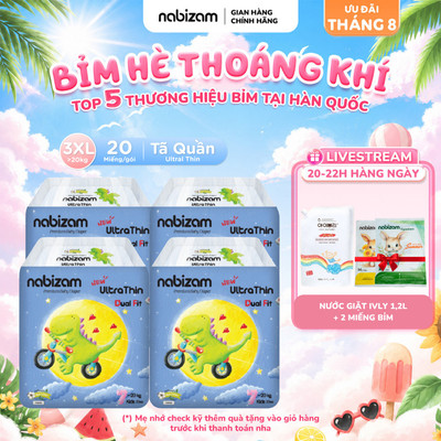 COMBO 4 Tã/Bỉm Quần Nabizam Ultra Thin Nội Địa Hàn Siêu Mỏng Nhẹ, Rãnh Chống Tràn Linh Hoạt Size 3XL20 Cho Bé Từ 20-25kg