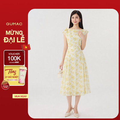 Đầm Hoa Nữ GUMAC Cổ Thuyền Tay Liền Đính Cánh Bướm Hai Lớp Tùng Xòe Xếp Ly Nữ Tính Sang Trọng DG10031