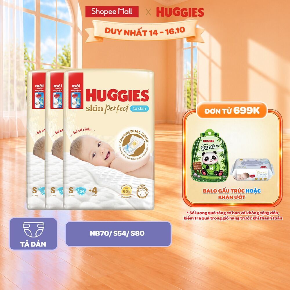 Combo 3 Tã/Bỉm dán sơ sinh Huggies Skin Perfect NB40/NB70/S54/S80