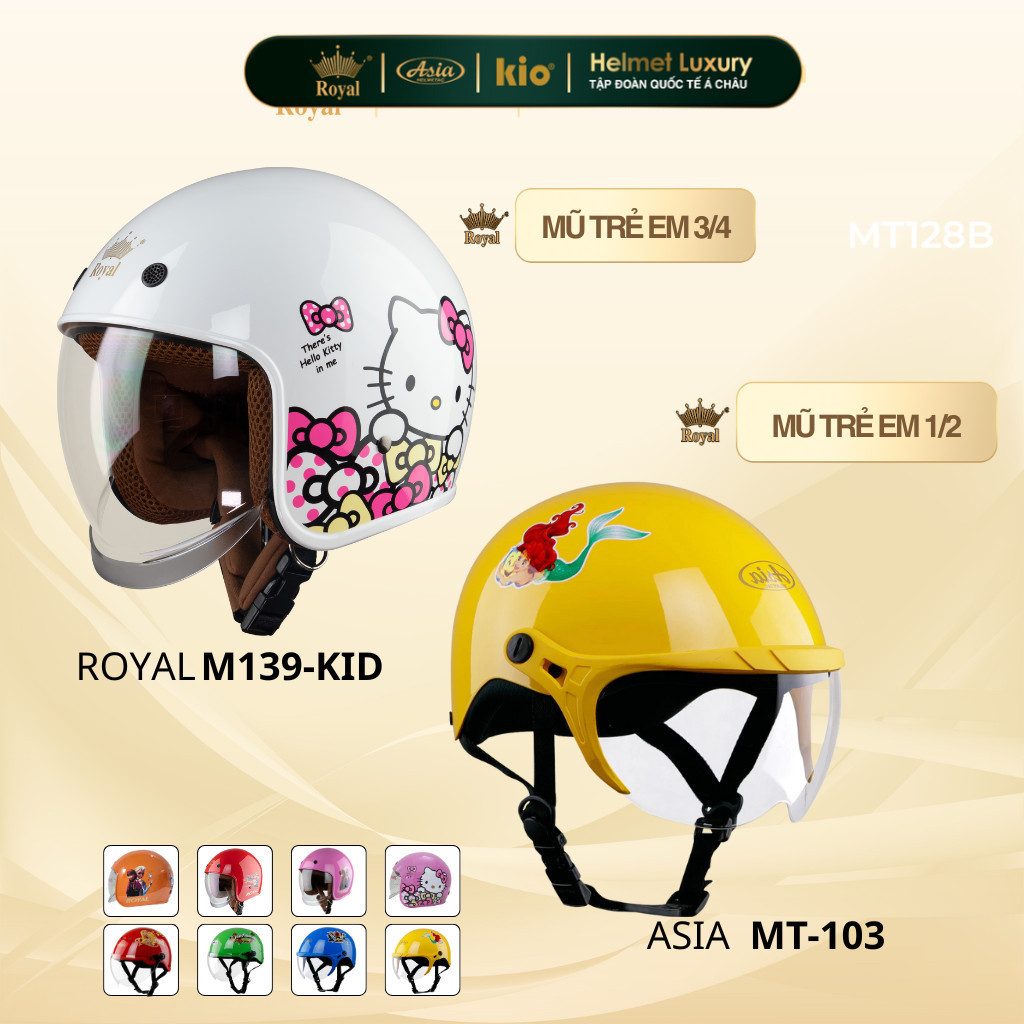 Mũ Bảo Hiểm Trẻ Em Royal M139 KID và Asia MT103 - Chính Hãng, Chống Nắng, An Toàn, Bảo Hành 12 Tháng