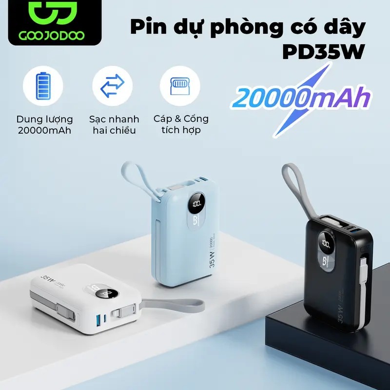 GOOJODOQ  PD35W Power Bank 20000mAh Màn hình kỹ thuật số LED cho iPhone iPad Mini Powerbank Sạc nhanh