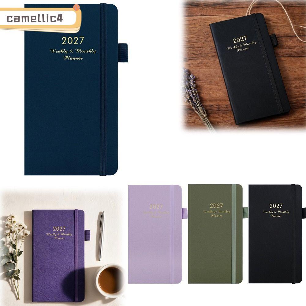 ICAMELLI 2027 Planner Notebook, Ribbon Bookmark Elastic Band Planner Hàng tuần, Pen Loop Leather Pla